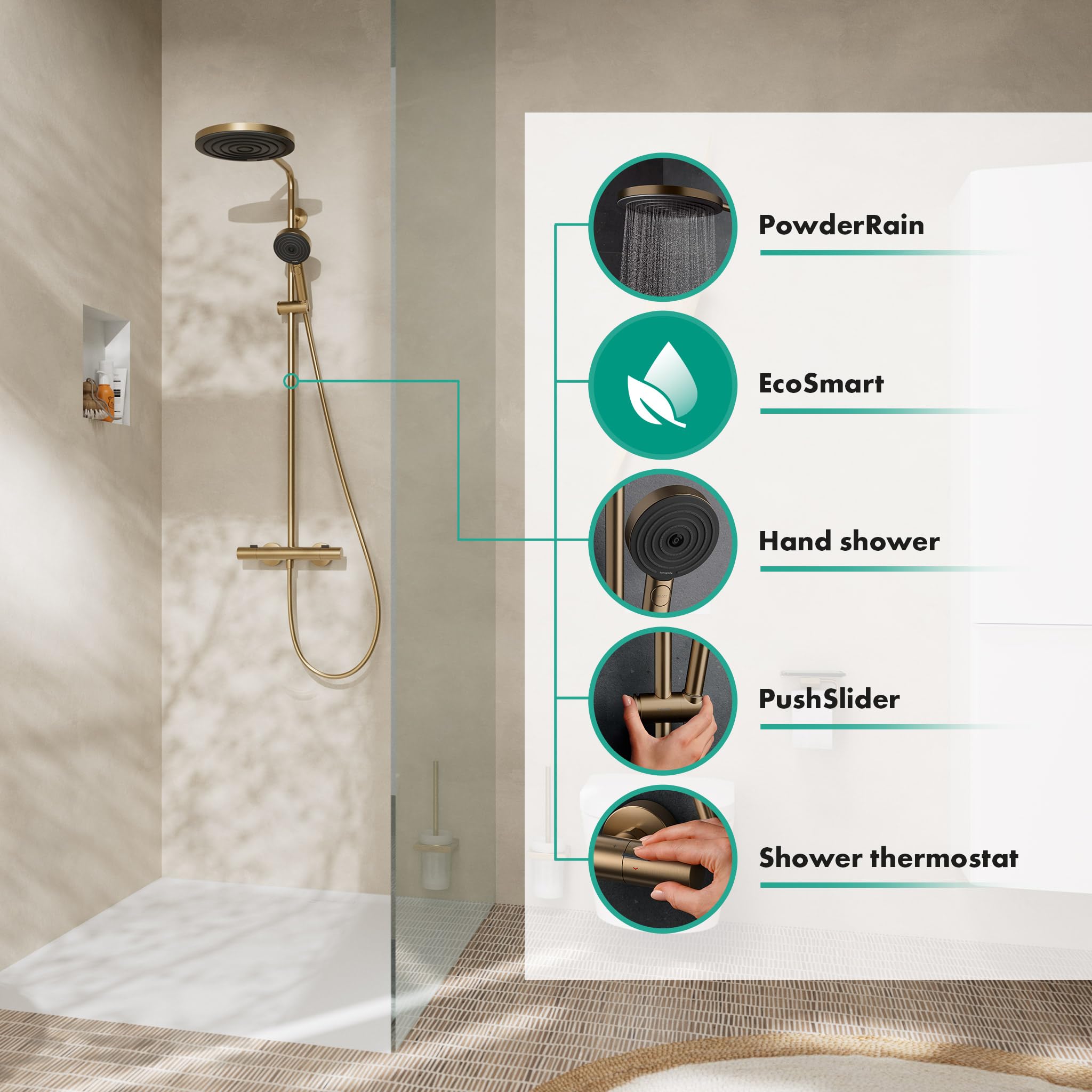 hansgrohe Pulsify S Puro - sistema de ducha ahorro de agua (EcoSmart) con termostato, ducha lluvia (260mm) con grifo, ducha de mano, flexo ducha, barra y ducha fija redonda, bronce cepillado, 24237140