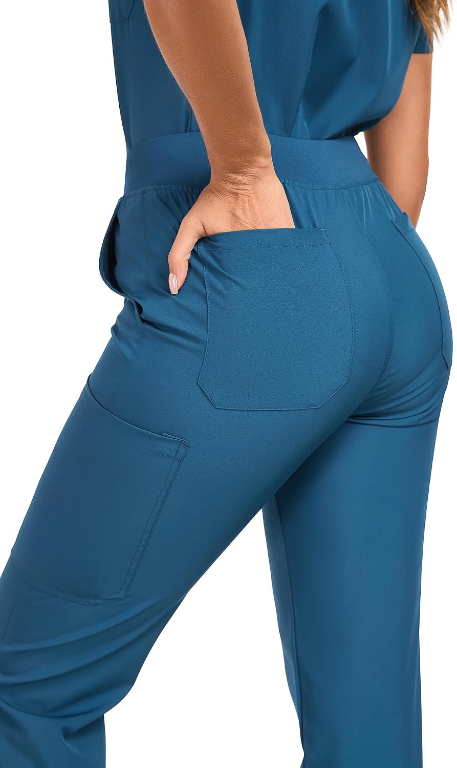 Scrubs For Women Set -V-Neck Scrub TOP Contrast Pocket & Jogger Pants With 11 Pockets