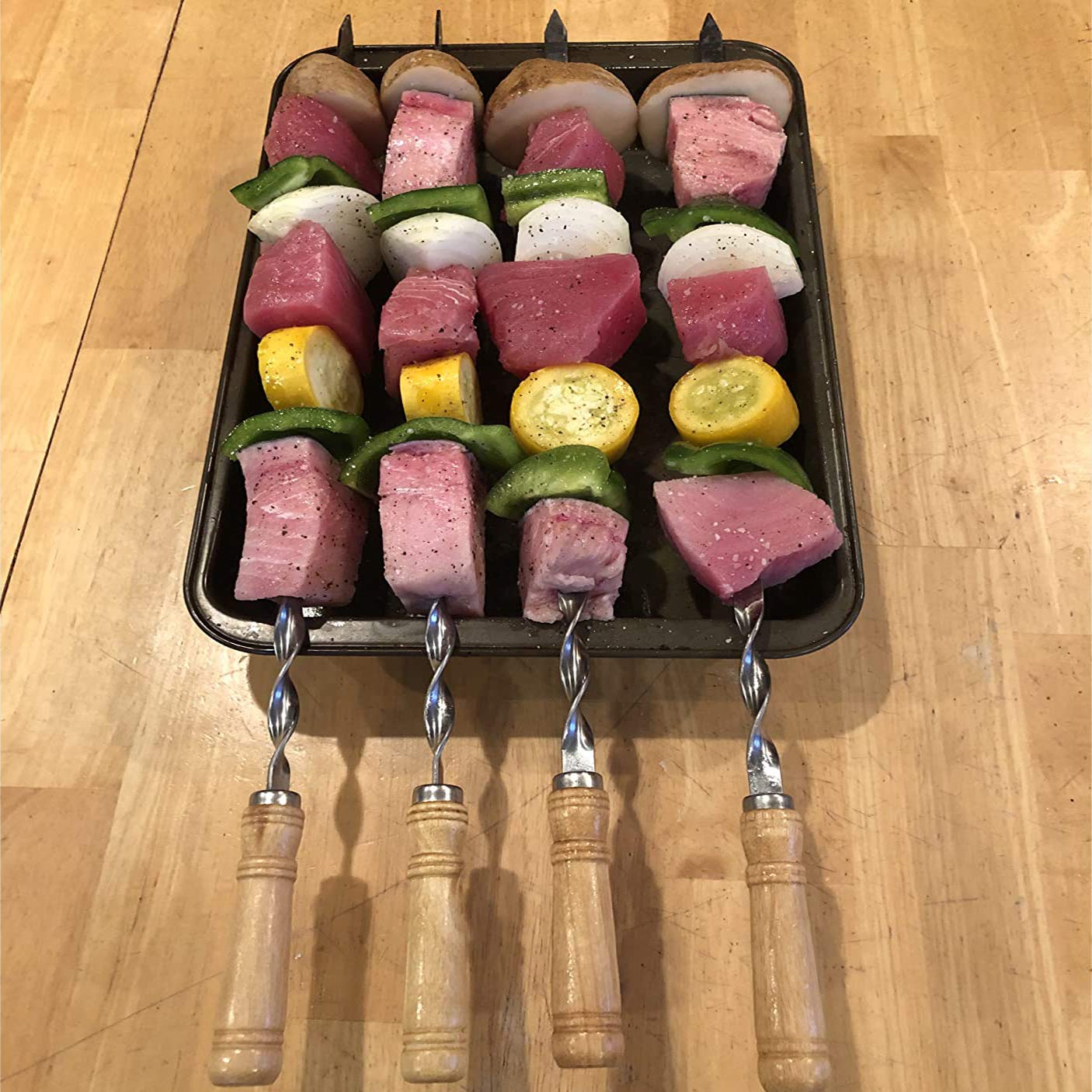 Confezione da 12 spiedini per kebab, 55 cm, in acciaio inox, resistenti, grandi, riutilizzabili, con manico in legno antiscivolo, ideali per shish, kebab, pollo, gamberetti e verdure