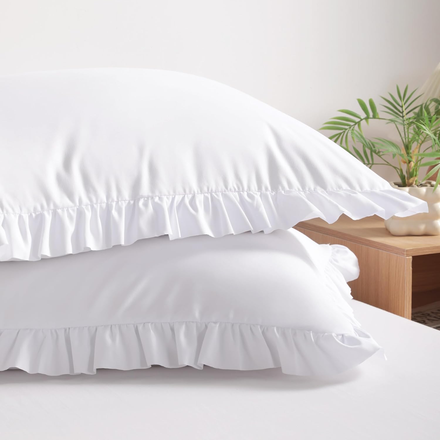 BEDSUM Ruffled Pillow Shams Standard 20x26 Set of 2, Brushed Microfiber Pillowcases with Envelope Closure, Soft Wrinkle-Resistant, White