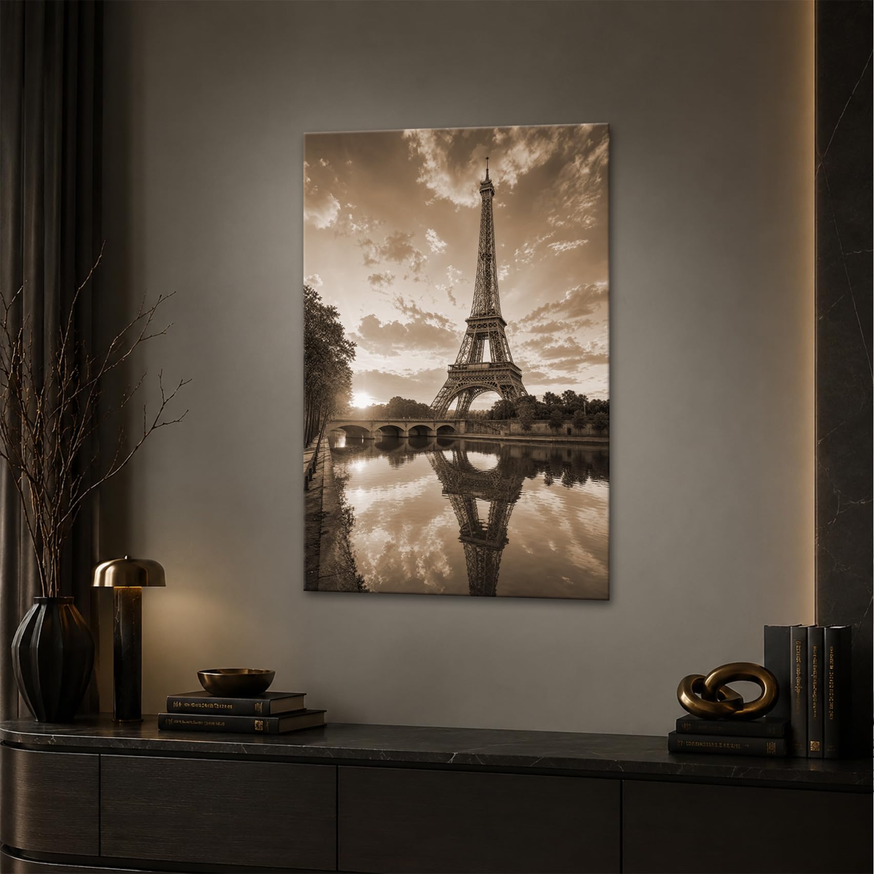 deyoli Obraz na płótnie Wieża Eiffla nad Sekwaną w świetle słonecznym 90x60cm Sepia