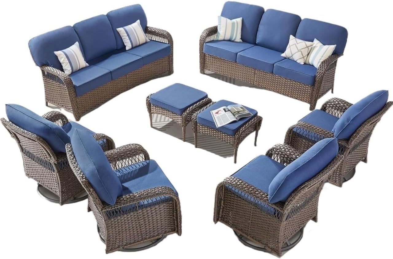 an 8-piece Rattan Furniture Set, Rotating Rattan Chairs, for The Garden(Azul/Marrón)