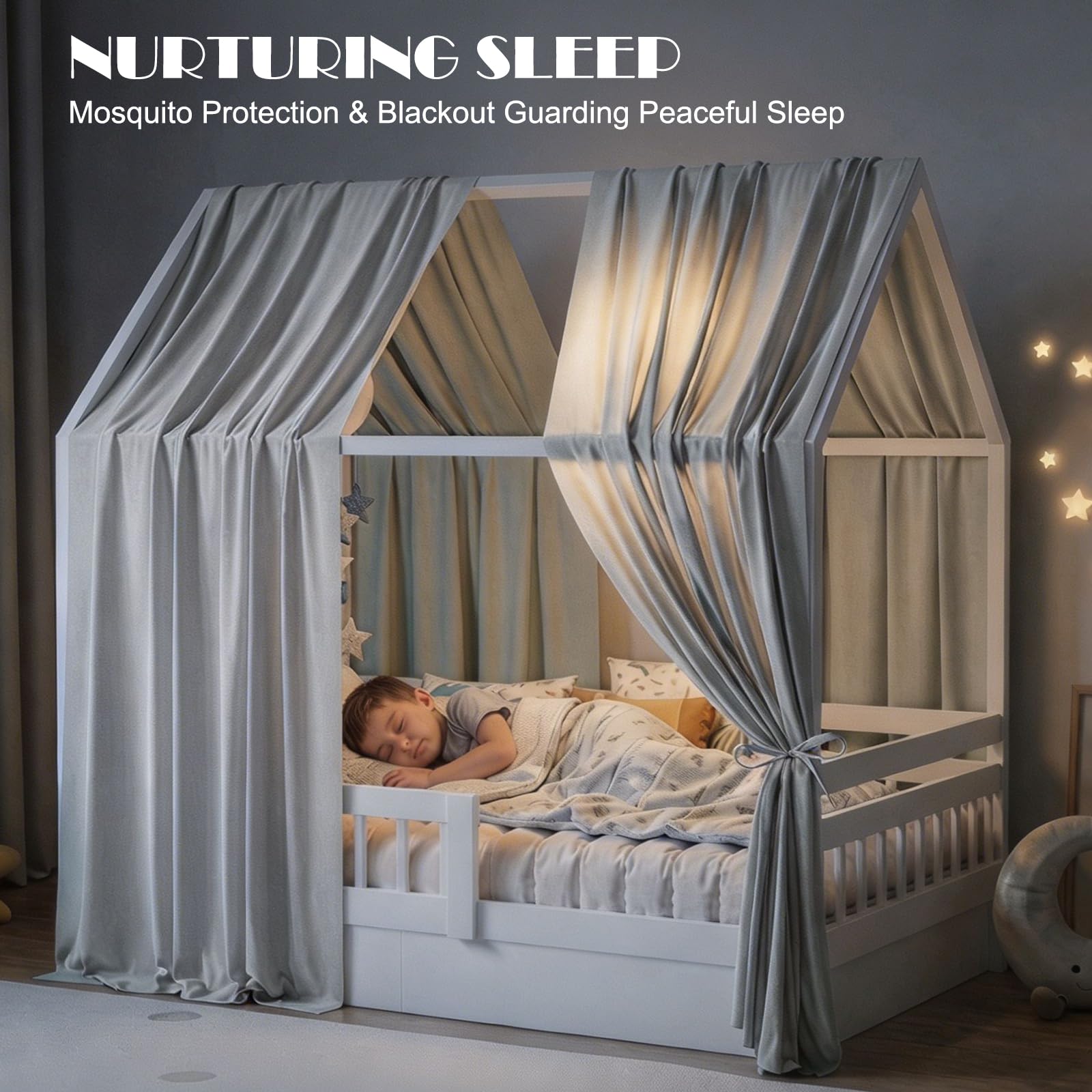 Lit cabane baldaquin, lot de 2 baldaquins de lit bébé en mousseline douce et respirante, décoration de chambre d'enfant, ciel de rêve pour chambre d'enfant, filles et garçons (gris clair