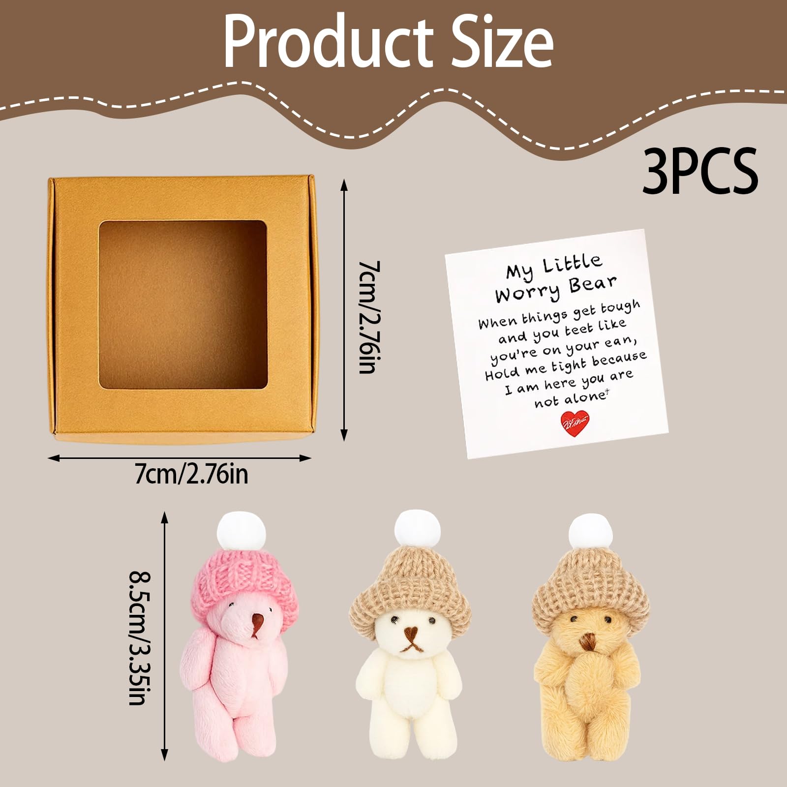 EujRcf 3 Pcs Mini Plush Bears Gift Set, Worry Bear Hug in a Box, Pocket Bears with Inspirational Card - Image 2