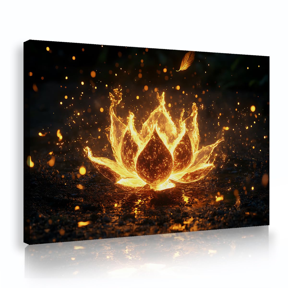 Via Vela Fiery Lotus Flower Framed Canvas Wall Art Burning Water Splash Spiritual Zen Painting Golden Light Abstract Creature Poster For Yoga Meditation Studio 80x120cm