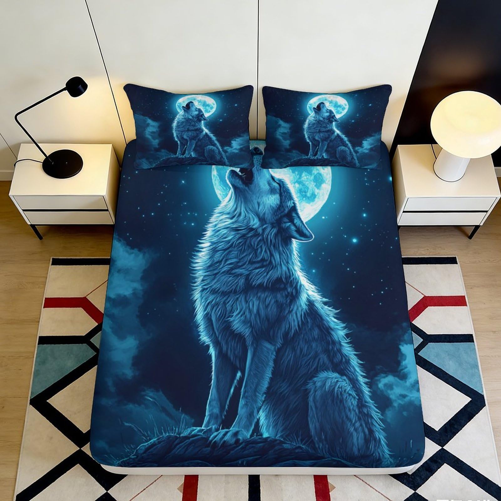 3D Printed Blue Moon Wolf Fitted Sheet Microfiber Soft Breathable Night Sky Bed Cover for Bedroom Dormitory Guest Room Mattress Protection Decor 160x200x25cm