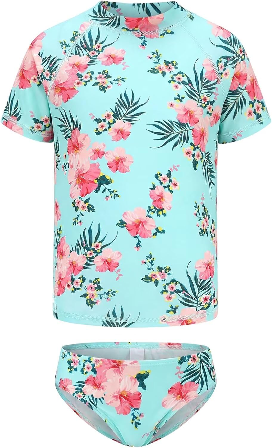 Girls Rash Guard Swimsuits Set Short Sleeve Bathing Suits for Kids Girls Swim Set Hawaiian Beachwear 3-16 Years