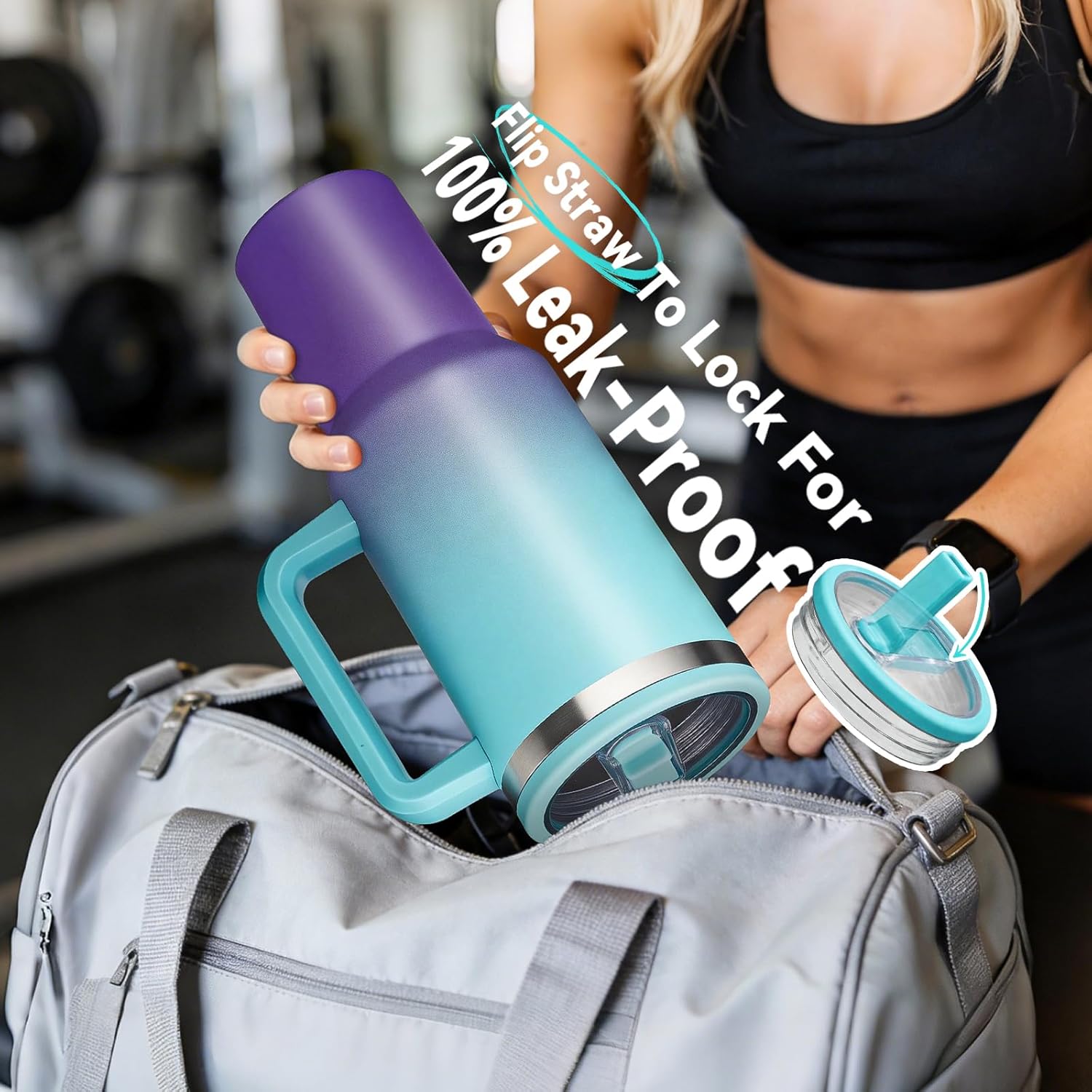BENZZO 40 oz Tumblers with Handle - Spill Proof Flip Straw Travel Cups 40oz Water Bottle With Handle