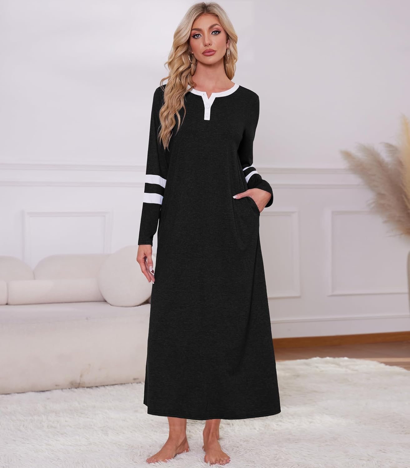 Women Cotton Long Sleeve Nightgowns Soft Button Down Sleep Shirts Full Length Night Shirts Sleepwear with Pockets - Image 2