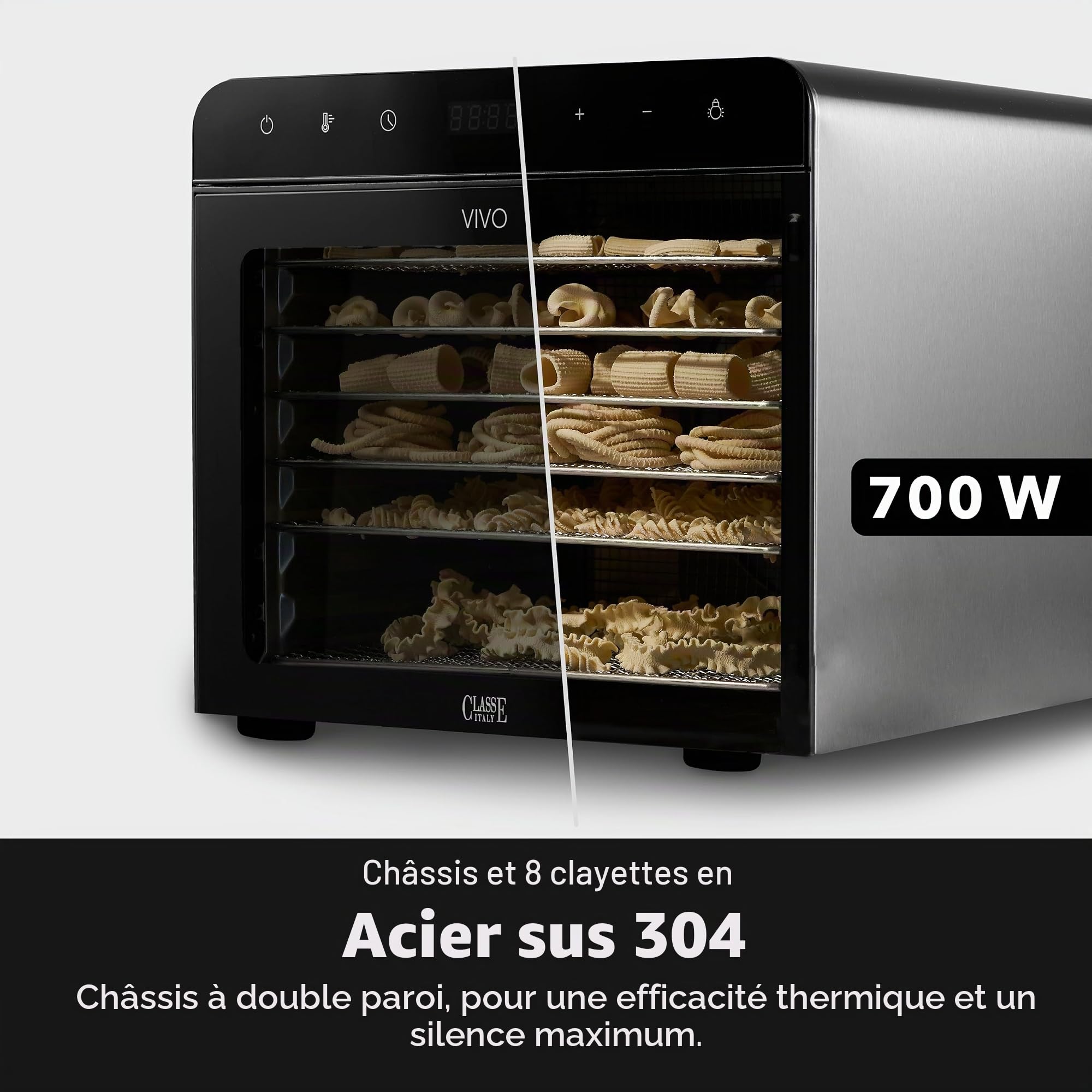 CLASSE ITALY Déshydrateur alimentaire à faible consommation, 8 plateaux en acier SUS 304, 700 W, GARANTIE 5 ANS, température réglable de 35 à 85 °C, minuterie 24 heures, sans BPA