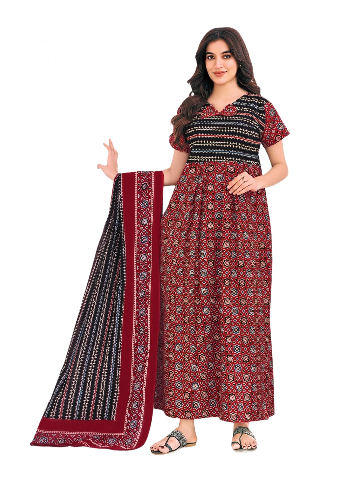 Pranjul Women's Pure Cotton Nighty with Matching Dupatta Set - XXL Size, Breathable Nightwear (Pack of 1)-image-4