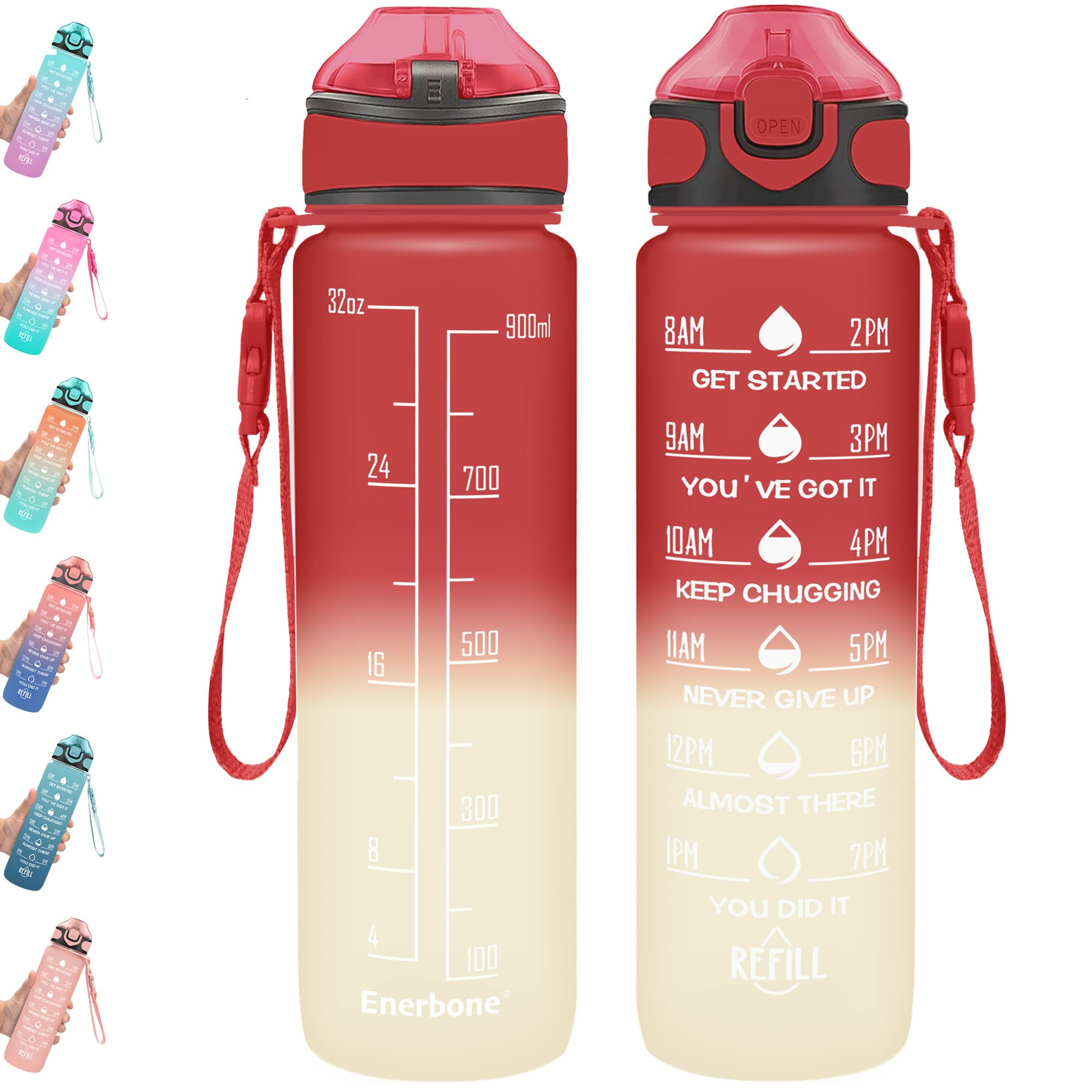 Enerbone 32 oz Drinking Water Bottle with Times to Drink and Straw, Motivational with Carrying Strap, Leakproof BPA & Toxic Free, Ensure You Drink