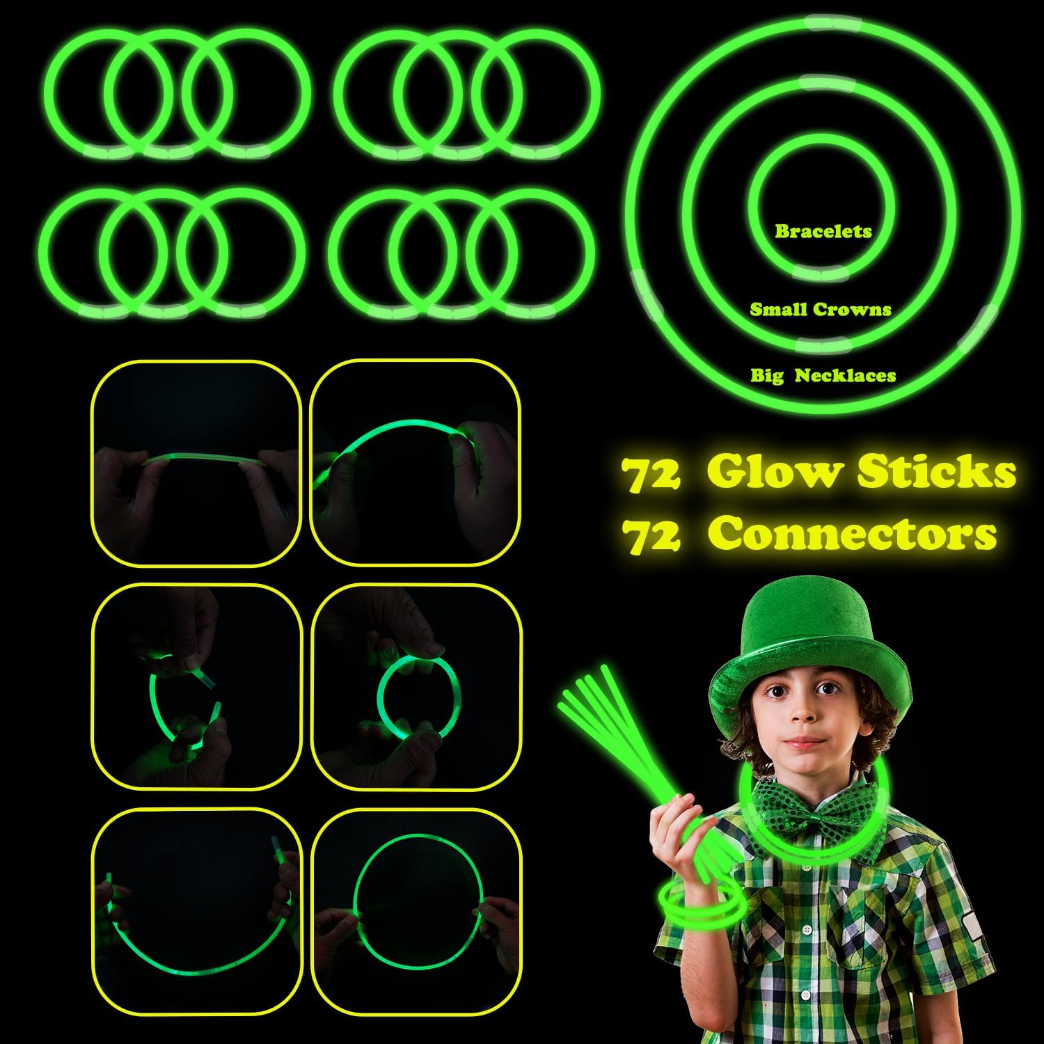 St Patricks Day Green Glow Sticks Party Favors 8'' 72 Pack Bulk,Saint Patrick's Light Up Necklace Gifts Toys for Kids,Non Candy Goodie Bags Stuffer Treats for Boy Girl,Party Bag Accessories Decoration - Image 5