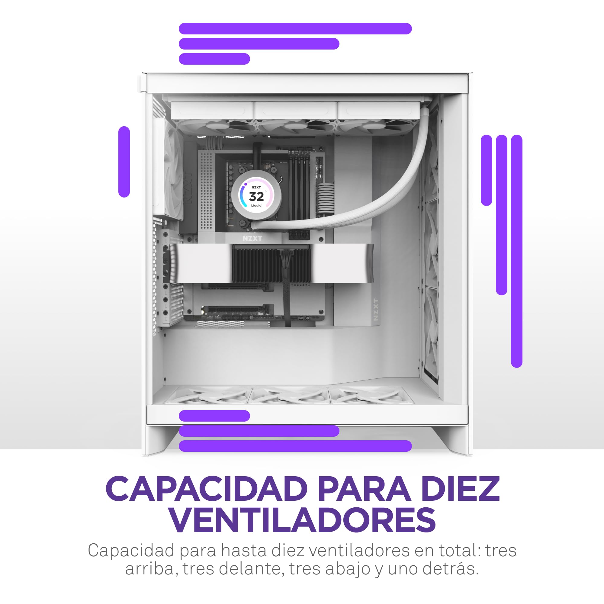 NZXT H7 Flow, 2024 Semitorre ATX Flujo de Aire, Admite 3 Ventiladores Inferiores 120 mm para gráfica, con 3 Ventiladores Frontales 120 mm, Admite radiador Frontal 420 mm, Blanco