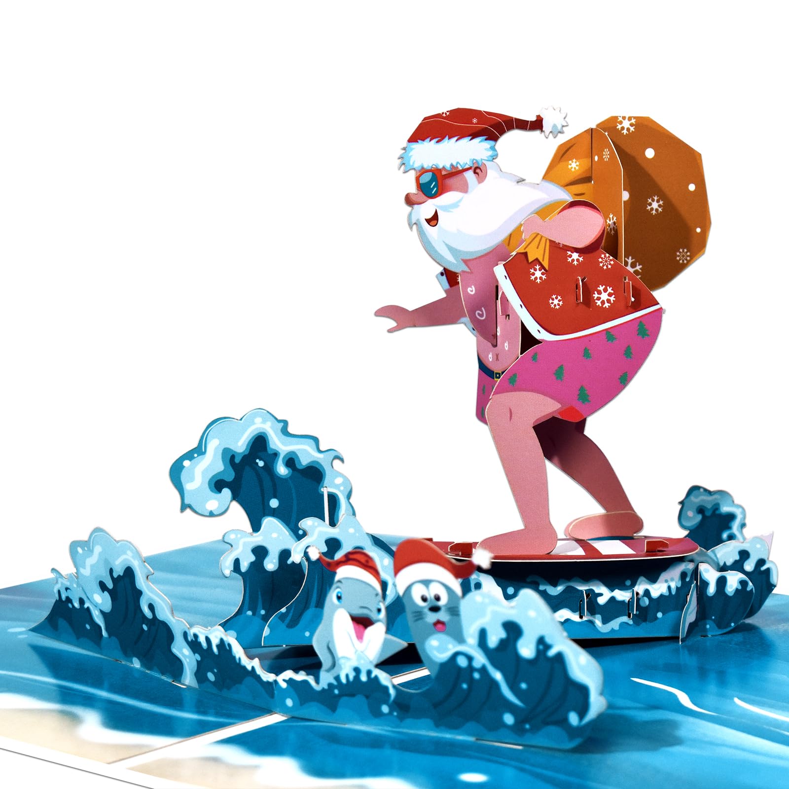 Surfing Santa Pop Up Greeting Cards with Blank Note Card & Envelope, celebration gift for Friendship, Love, Anniversary, Special Moments, Christmas, Appreciated, Birthday
