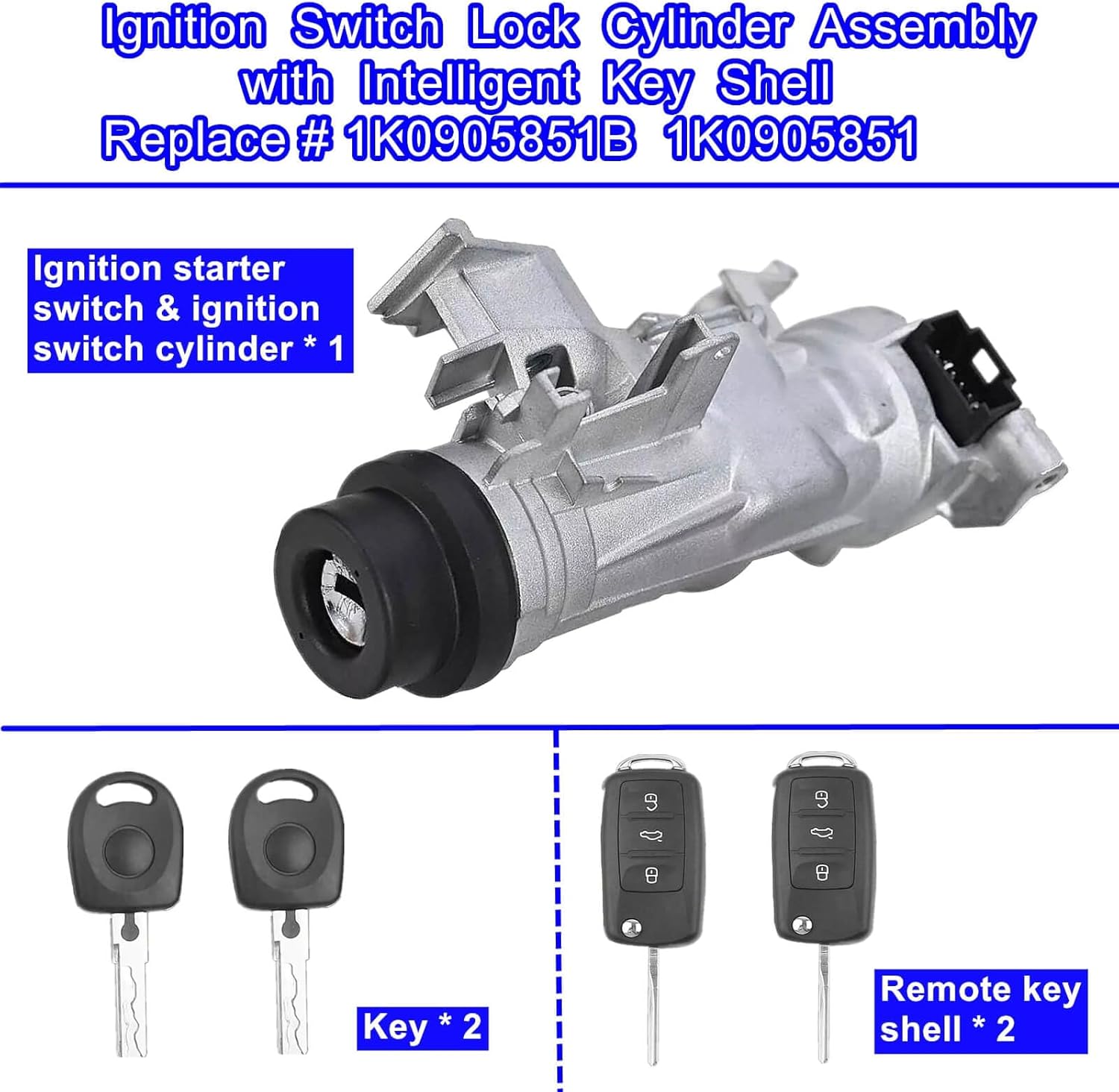 Ignition Switch Lock Cylinder Assembly with Intelligent Key Shell For 1k0905851b 1K0905851, Compatible with VW Jetta 2006-2018,Eos 2007-2011,Golf 2004-2011,Rabbit 2006-2009 - Image 7