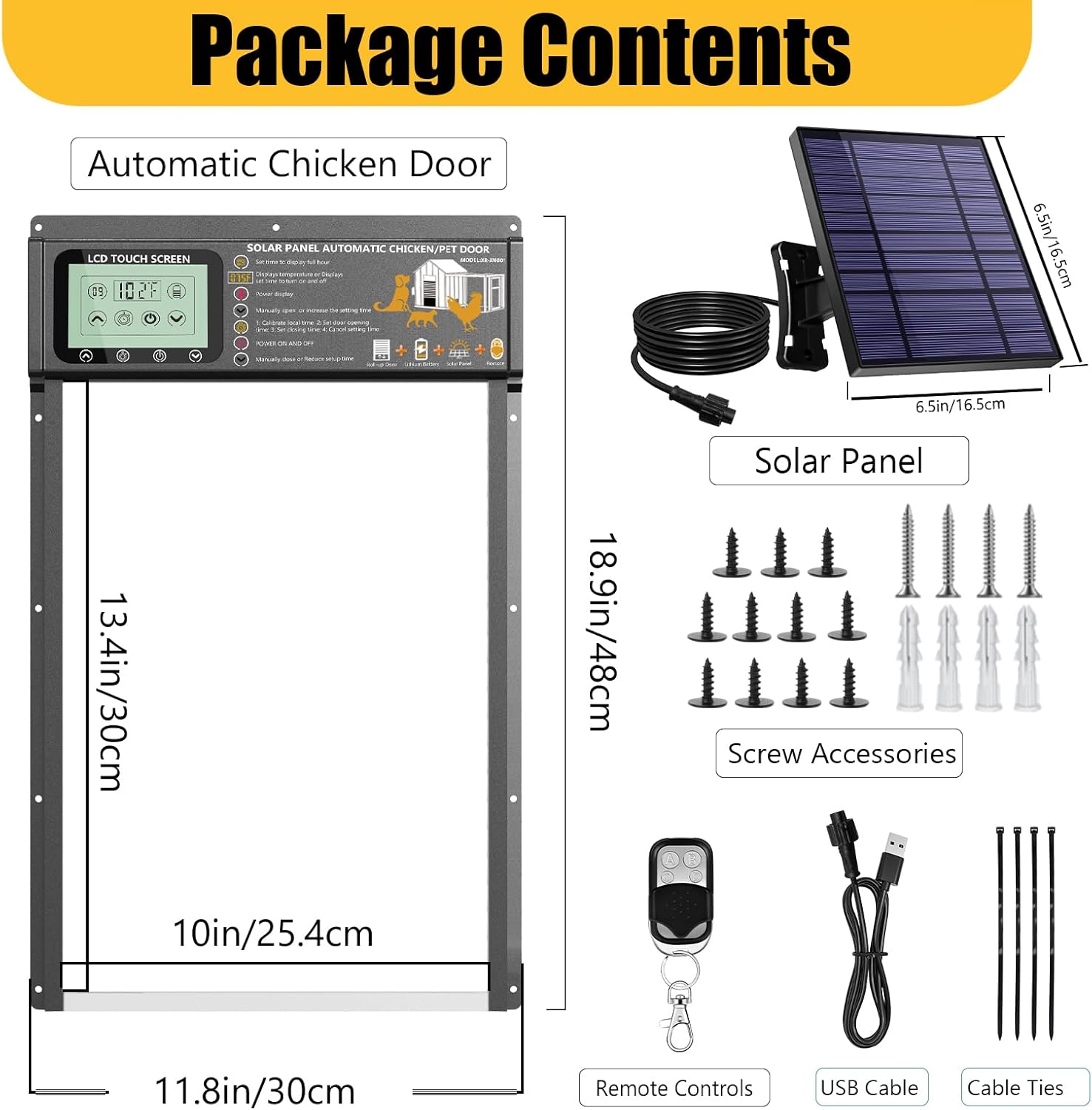 Image showing all components included in the package: automatic chicken door unit, solar panel, screw accessories, remote control, USB cable, and cable ties.