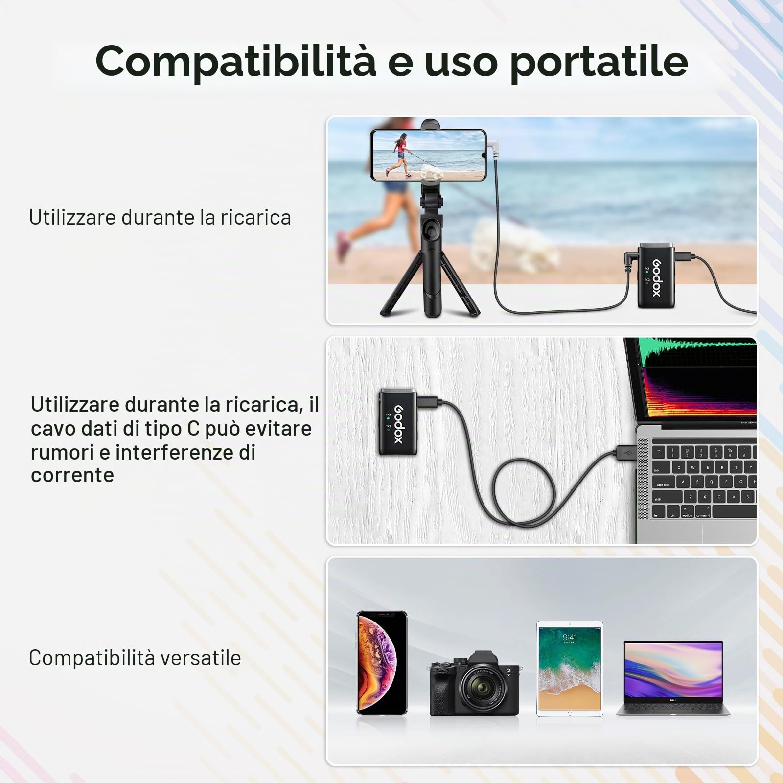 GODOX WEC kit2 Microfono lavalier wireless 2.4G a doppio canale,Durata batteria 8 ore, portata 200 m, cancellazione del rumore con custodia di ricarica per fotocamere, smartphone, PC, TikTok, YouTube