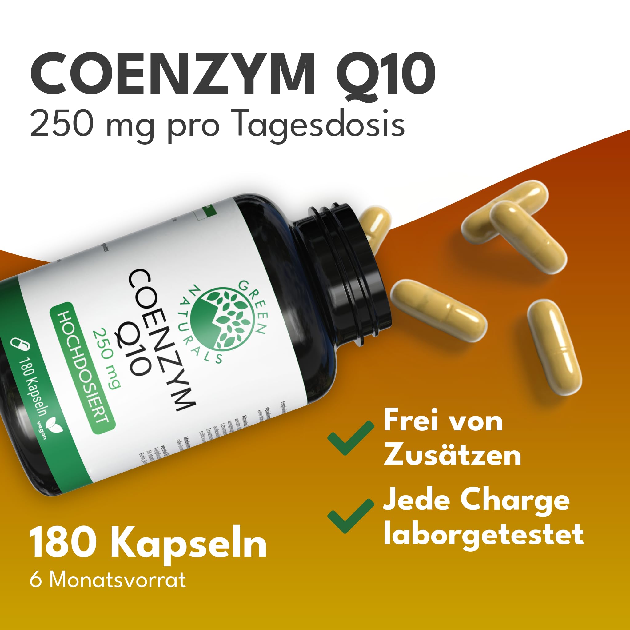 Green Naturals Coenzym Q10 – Hochdosiert: 250 mg – 180 Kapseln | Aus Fermentation gewonnen · 6-Monatsvorrat
