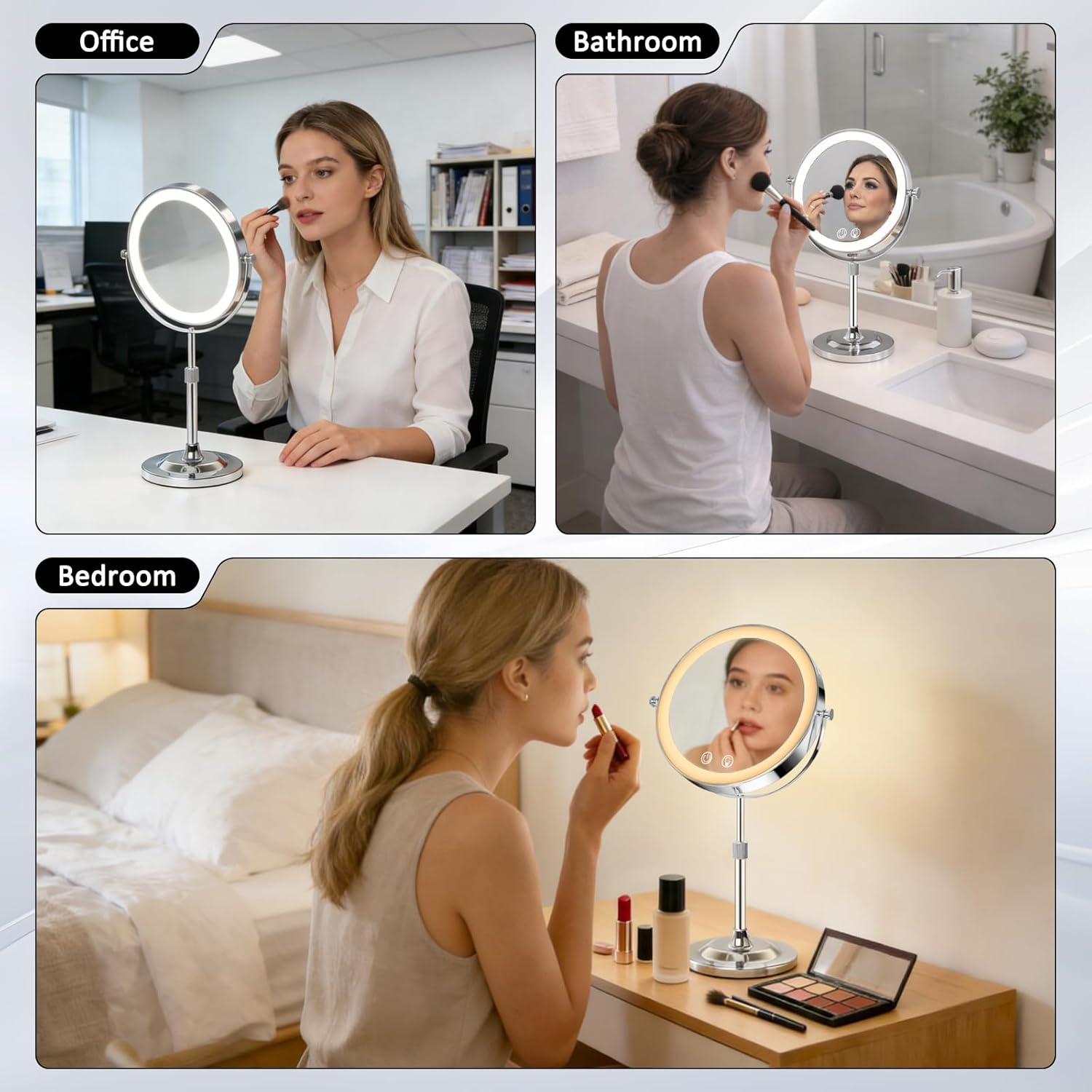 9" Makeup Mirror with Lights,5000mAh Rechargeable Vanity Mirror,1X/10X Double Sided Magnifying Mirror with Adjustable Height, 3 Colors Stepless Dimming Lighted Makeup Mirror,Women Gift