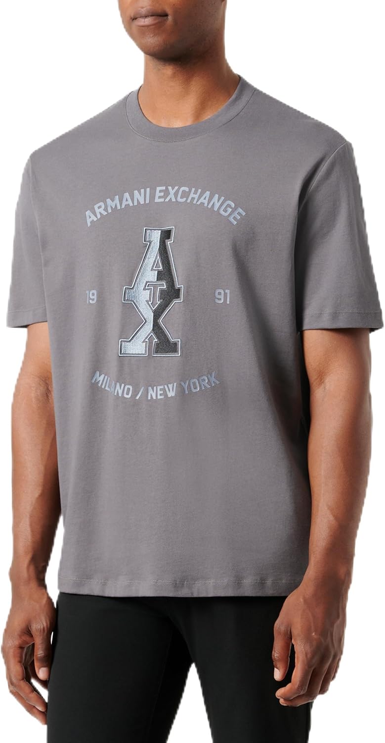 Armani Exchange Men's Large Central Stacked Ax Logo with Armani Exchange Milano New York Text Surrounding Regular Fit Tee