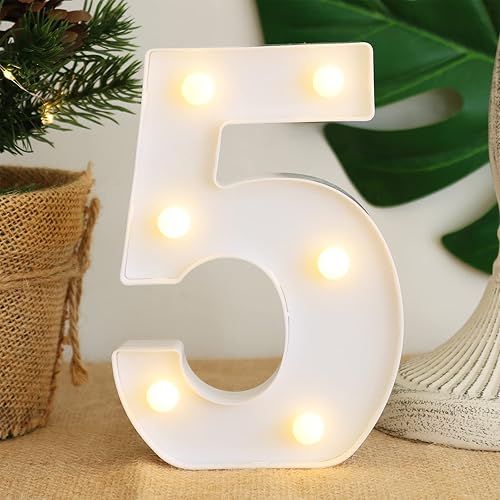 Miniatura 1 de Malgero Luces LED de marquesina con luz de número 5, luces de noche blancas cálidas a pilas, 10 lámparas decorativas de marquesina para bodas,
