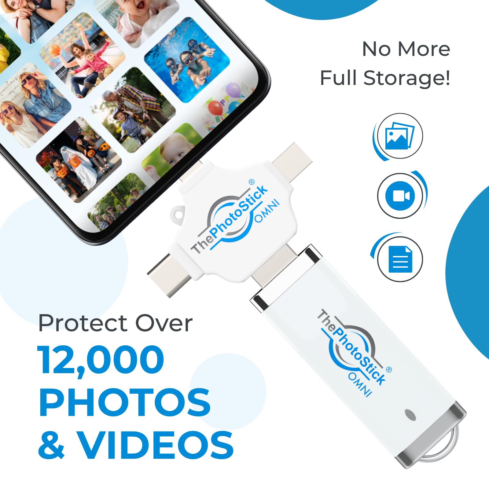 ThePhotoStick Omni - Memoria USB de 32 GB y Unidad Flash USB, Copia de Seguridad de Fotos y Videos para iPhone, Android, Mac y PC, conexión multipuerto para almacenar y transferir Archivos fácilmente