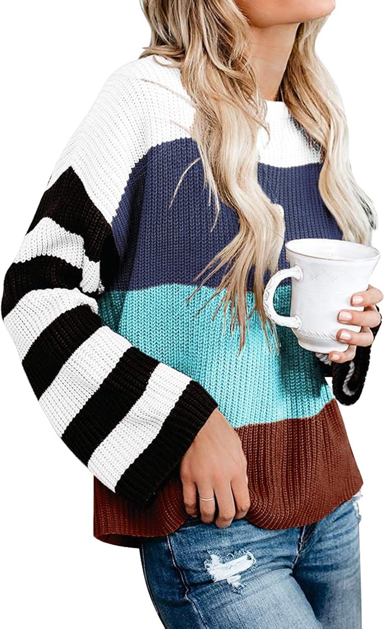 Womens Sweaters Color Block Loose Fit Casual Wide Sleeve Tops Fall Winter