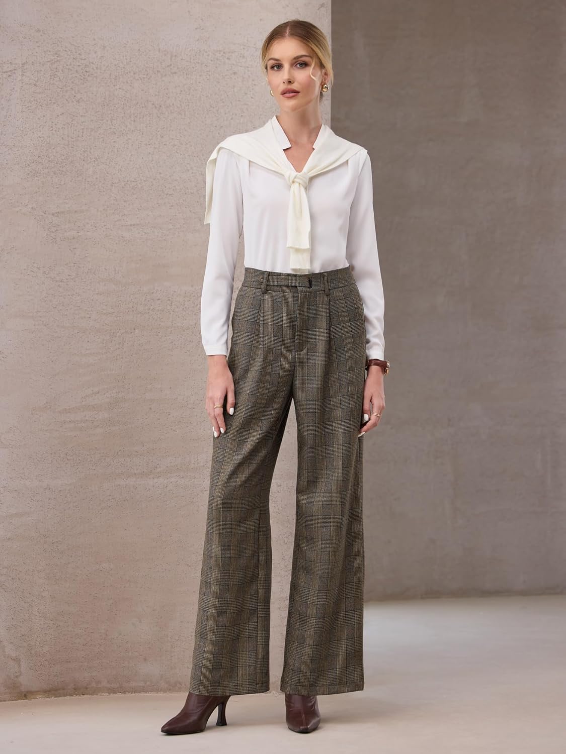 Women's Plaid Work Pant Vintage Houndstooth Wide Leg Straight Long Trousers