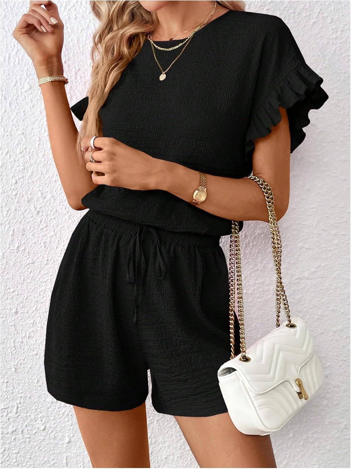 WDIRARA Women's 2 Piece Set Ruffle Short Sleeve Blouse and Drawstring Shorts Sets Casual Summer Outfits - Image 5