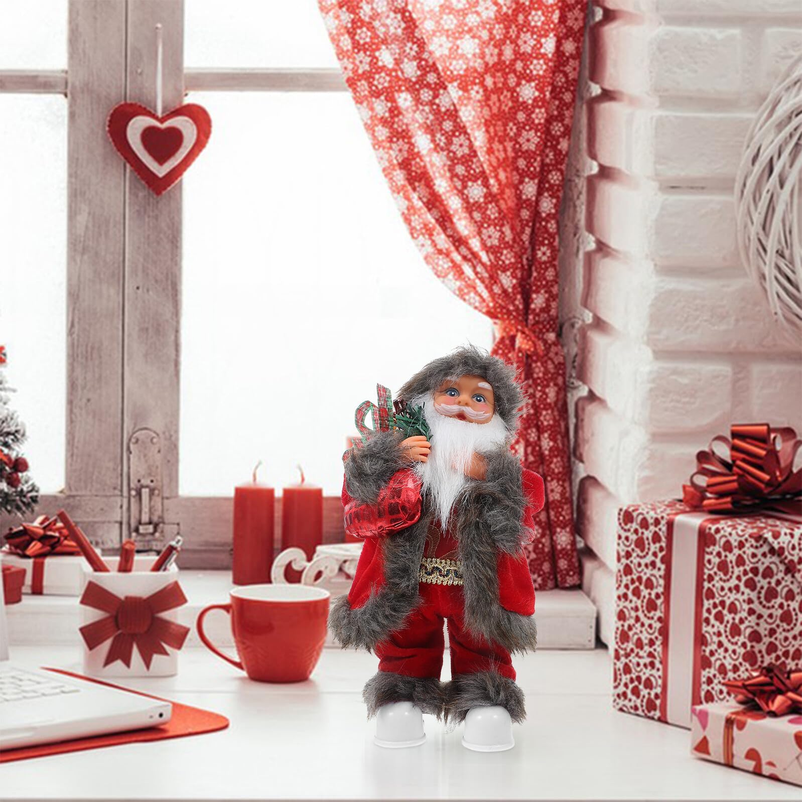 Figura de Papá Noel Eléctrico Navideño de Peluche Musical Decoración Navideña de Escritorio Luces Muñeco de Papá Noel de Pie para Adornos de Chimenea y Ventanas