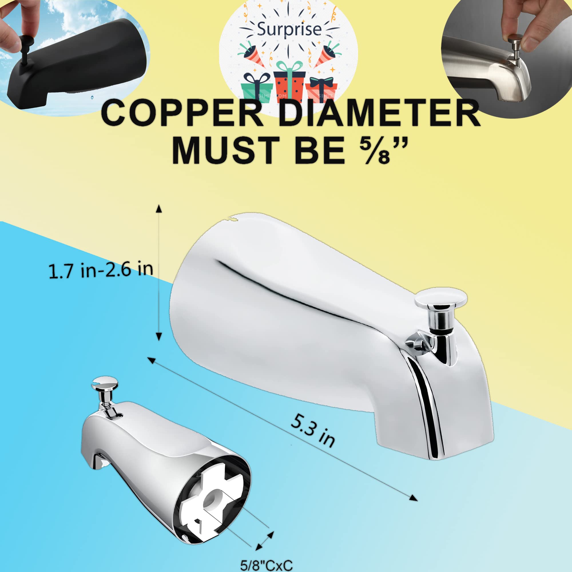 Slip Fit Tub Spout with Pull-Up Diverter for 1/2 inch Copper Tube,5-1/4 INCHES in Length,Easy to Install,Brushed Nickel (for 1/2" Copper Water Tube)