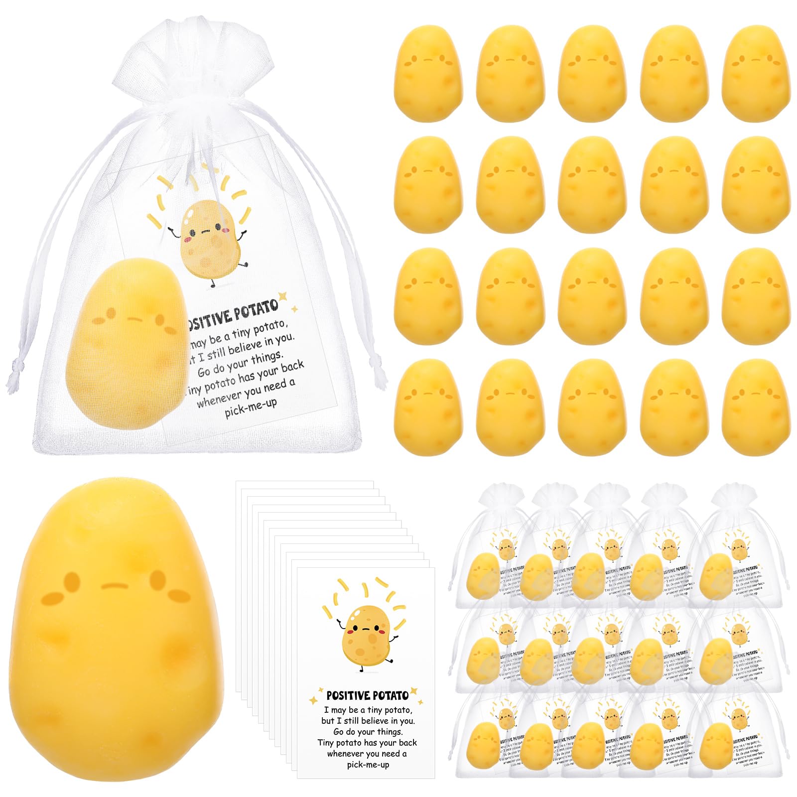 Loopeer24 Sets Mini Inspirational Potato Soap Bulk Graduation Gift Cute Realistic Potato with Organza Bags Funny Cards for Positive Gift for Coworker Adults School Office Favors