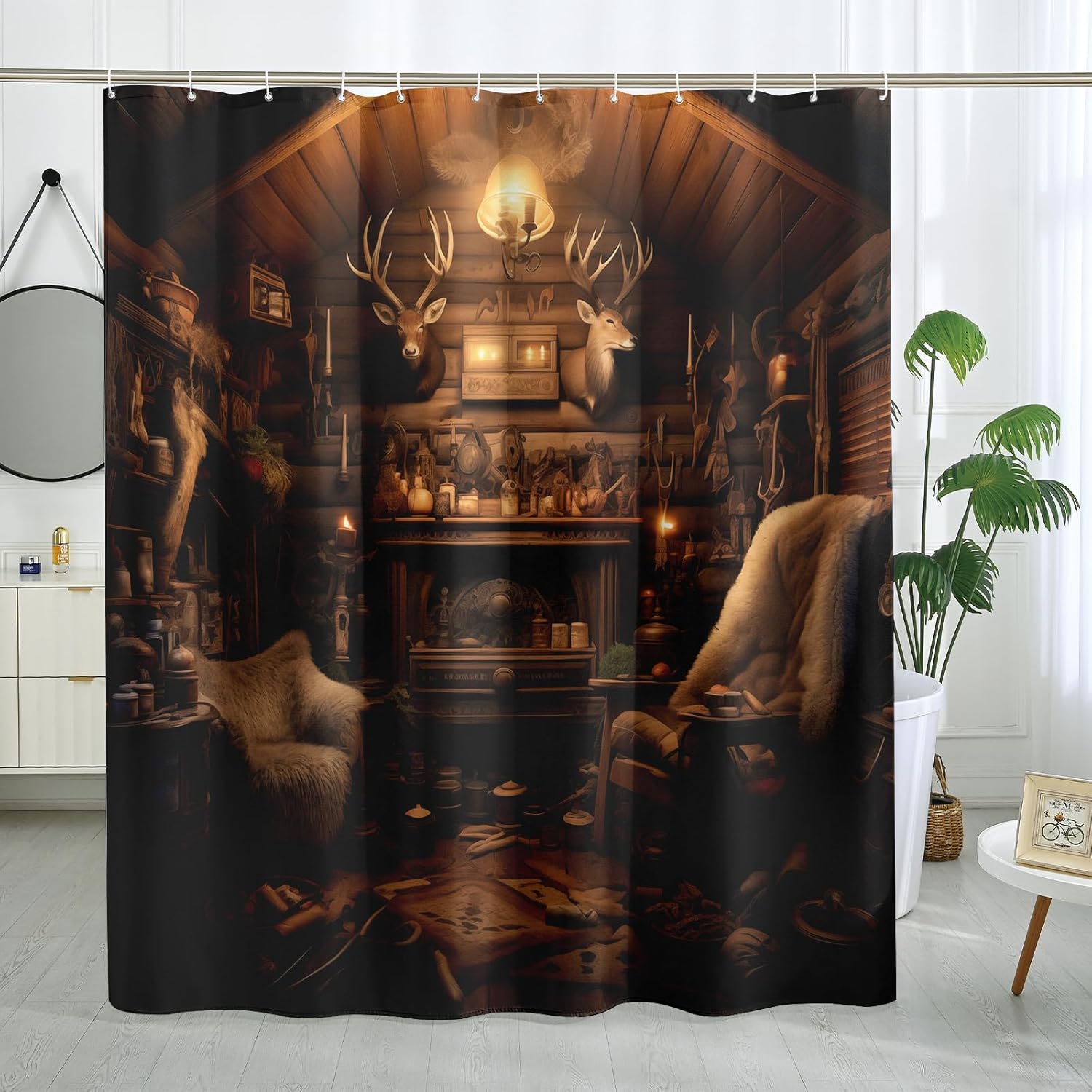 Hunting Cabin Shower Curtain Rustic Wooden Lodge Shower Curtains Vintage Country Farmhouse Themed Bathroom Decor Polyester Fabric-72" x 72"