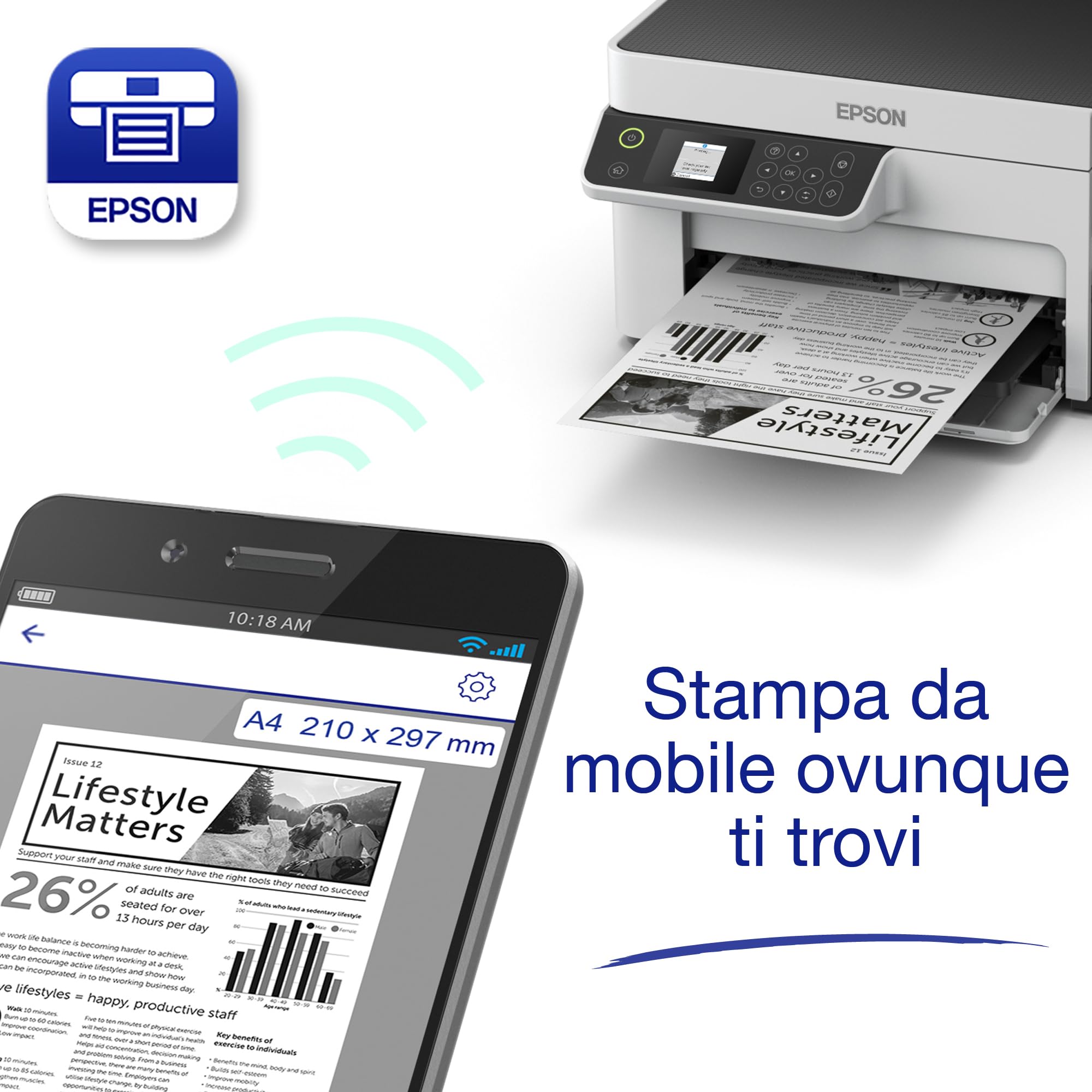 Epson EcoTank ET-M2120 Stampante multifunzione monocromatica 3-in-1 (Stampa, Copia, Scansione), Flaconi Inchiostro Inclusi Rendimento Nero fino a 5000 Pagine, Schermo LCD, Wi-Fi