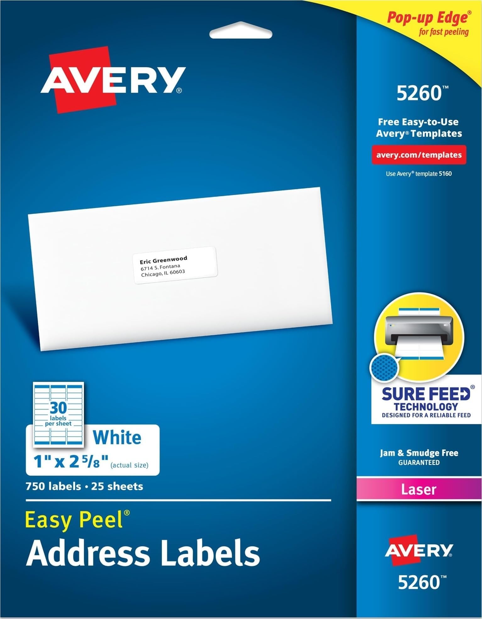 Easy Peel Printable Address Labels with Sure Feed, 1" x 2-5/8" Customizable Stickers, White, 750 Blank Mailing Labels, Great for Mailing, Shipping, and More (5260)