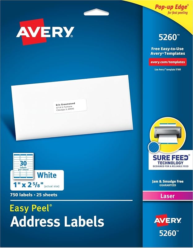 Easy Peel Printable Address Labels with Sure Feed, 1" x 2-5/8" Customizable Stickers, White, 750 Blank Mailing Labels, Great for Mailing, Shipping, and More (5260)