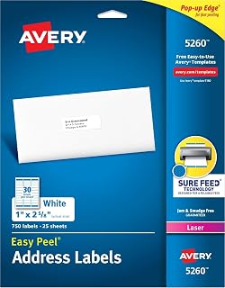 Easy Peel Printable Address Labels with Sure Feed, 1" x 2-5/8" Customizable Stickers, White, 750 Blank Mailing Labels, Great for Mailing, Shipping, and More (5260)