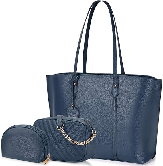 Amazon バッグ レディース トートバッグ ハンドバッグ 革 ショルダーバッグ 手提げバッグ レザー 女性用 カバン 財布 3点セット 通勤 旅行 ビジネス 母の日 誕生日 バレンタインデー プレゼント ネイビー ハンドバッグ