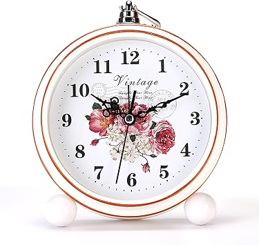 Maxspace Vintage Alarm Clock, 5.25" Silent Non-Ticking Retro Analog Clock, Battery Operated Small Desk Clock for Bedroom/Living Room/Office/Shelf Decor Peony