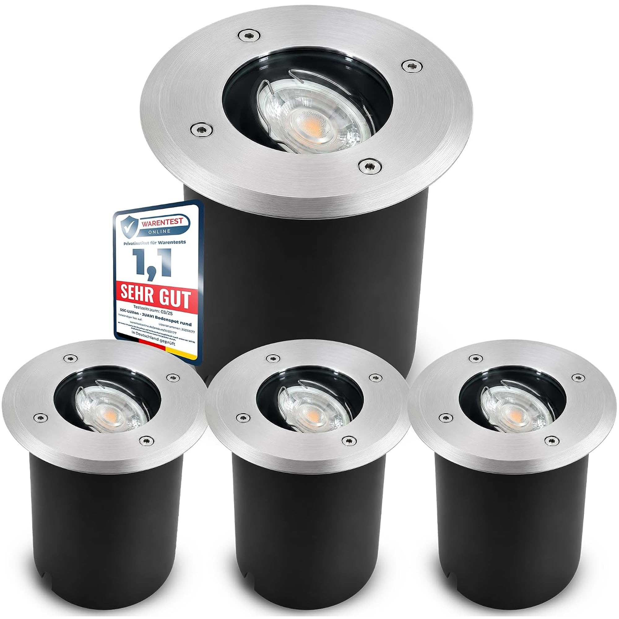 SSC-LUXon JUAVI Argento Tondo - 4 Faretti Incasso GU10 IP67 Esterno | segnapasso orientabile, carrabile fino a 2000 kg, doppio vetro satinato e trasparente, attacco GU10, senza lampadina
