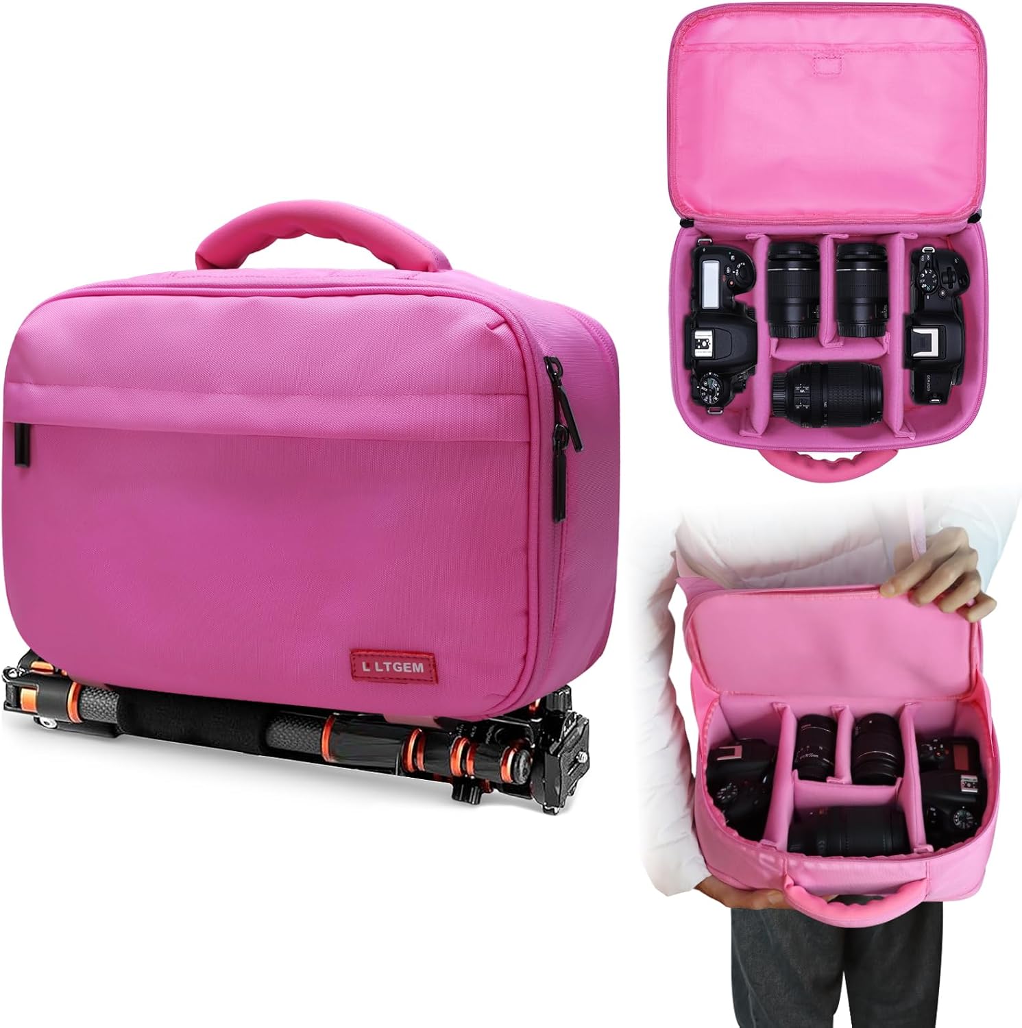 LTGEM Camera Bag Compatible with Canon/Sony/Nikon DSLR Camera, Camera Sling Bag Double-sided Opening for Travel, with Tripod Strap, Shoulder Strap and 6 Divider(Pink)