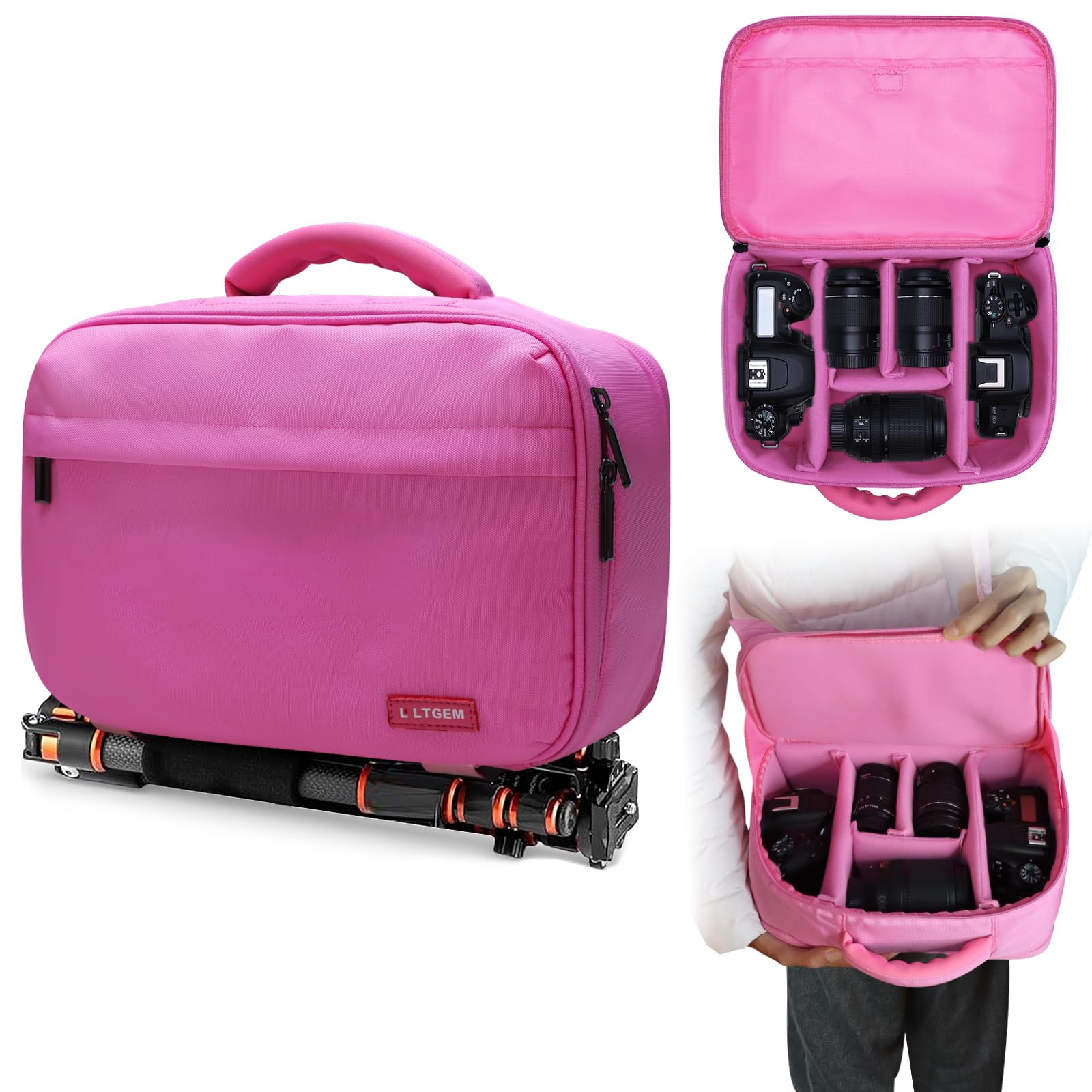 LTGEM Camera Bag Compatible with Canon/Sony/Nikon DSLR Camera, Camera Sling Bag Double-sided Opening for Travel, with Tripod Strap, Shoulder Strap and 6 Divider(Pink)