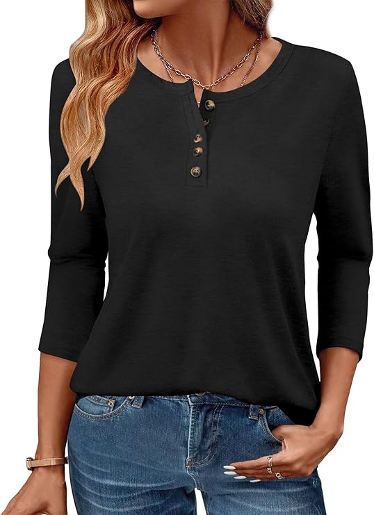 GKBK 3/4 Sleeve Womens Tops Fall Clothes Henley Casual Spring Summer Lightweight Basic Tunic Shirts