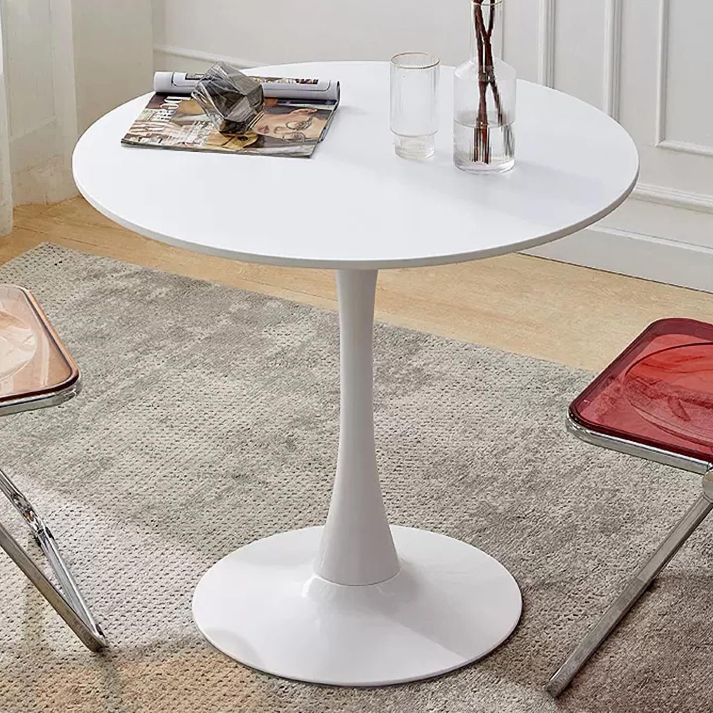 NoeBanJe White Round Dining Table, 23.6" Tulip Table,Mid-Century Leisure Table with Thickened Tabletop & Sturdy Metal Pedestal,Coffee Table for Dining