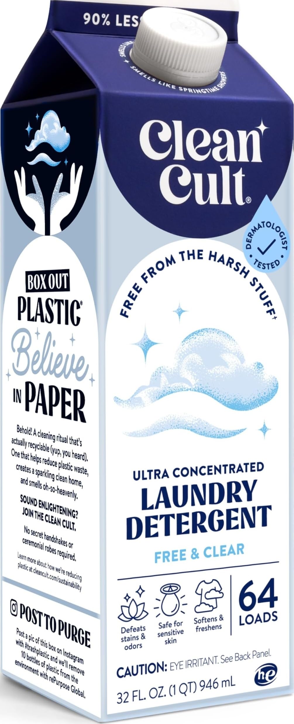 Ultra Concentrated Liquid Laundry Detergent Soap, 64 loads (32 oz), 90% Less Plastic, No Harsh Chemicals, Free & Clear, Defeats Stains & Odors, Eco-friendly, HE/Standard Compatible
