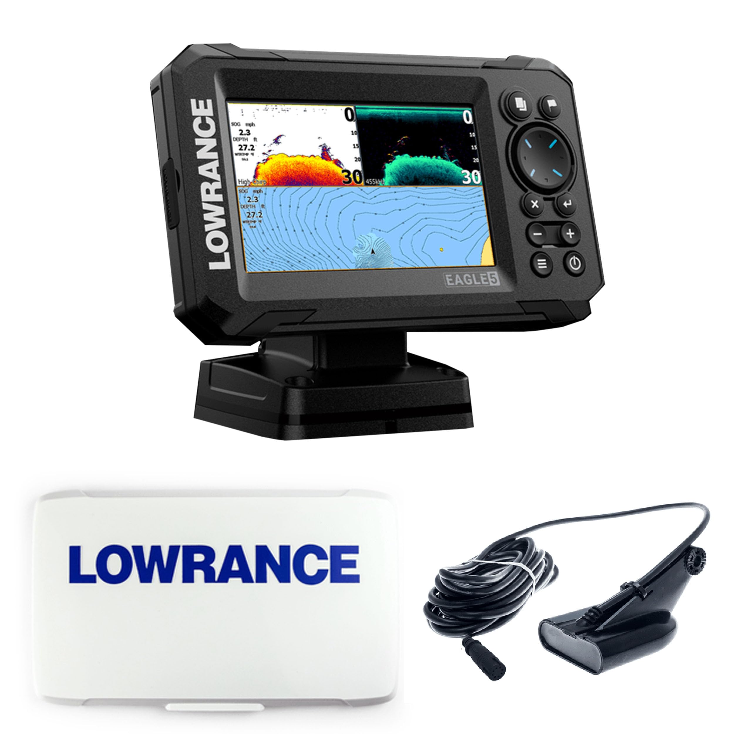 Kit Ecoscandaglio con Lowrance Eagle 5, Fishfinder GPS 5" IPS + Cover Parasole Inclusa, Con o senza Trasduttore HDI o SplitShot HD