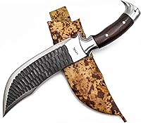 Vista 1 de Kukri Blade - Cuchillo de hoja fija, cuchillo machete Kukri - acero de alto carbono de Leafspring - Mango de palisandro - Funda de cuero marrón