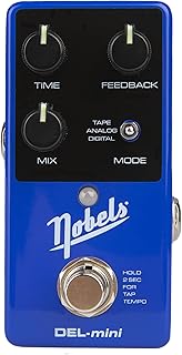 No-bels DEL-mini Digital DELAY Efeito de guitarra, alimentação 9 Volts DC -Suporte estéreo mono, Botão luminoso -Tap Tempo Características -3 modos de atraso fita analógico digital Nobe-ls