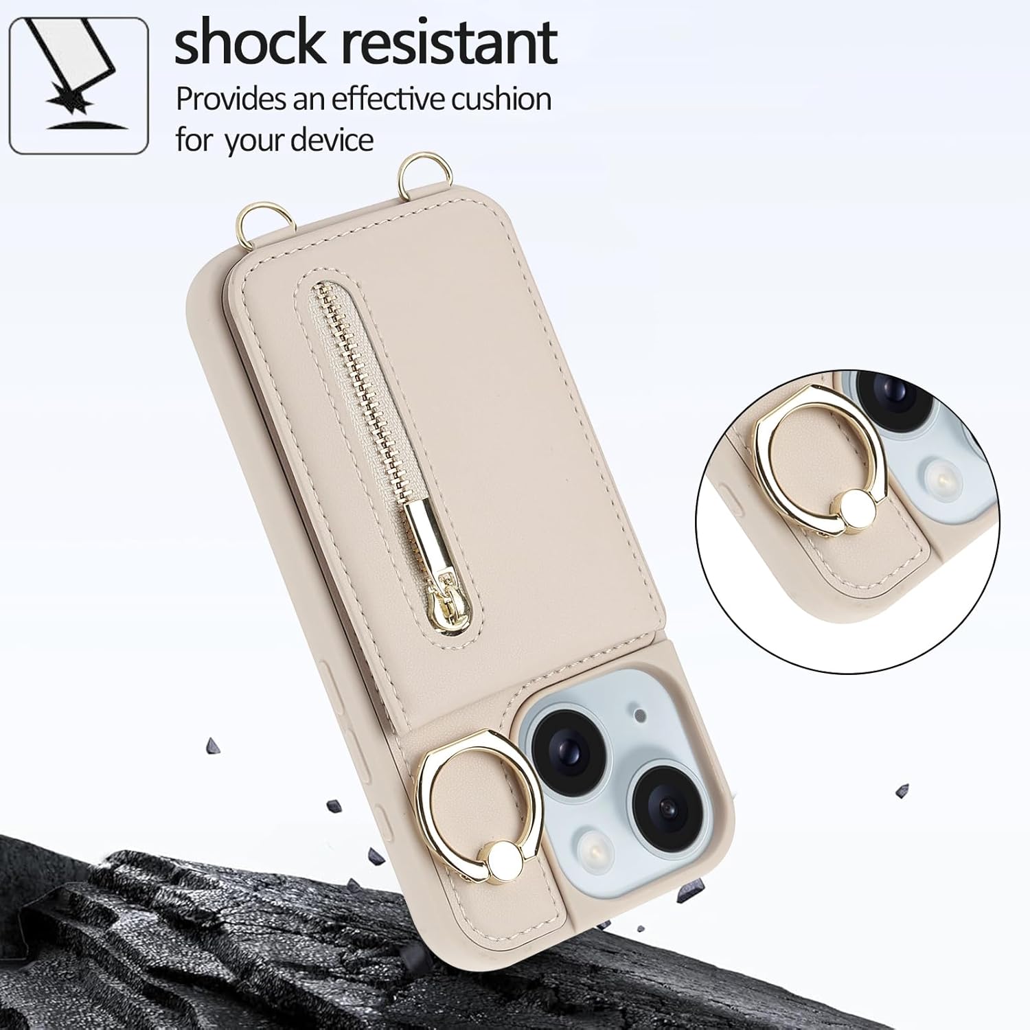 for iPhone 13/14 Wallet Case with Strap Card Slot Holder RFID Blocking Ring Kickstand,Magnetic Flip Folio Zipper Crossbody Purse Case with Lanyard,PU Leather Cover Handbag,Beige - Image 4